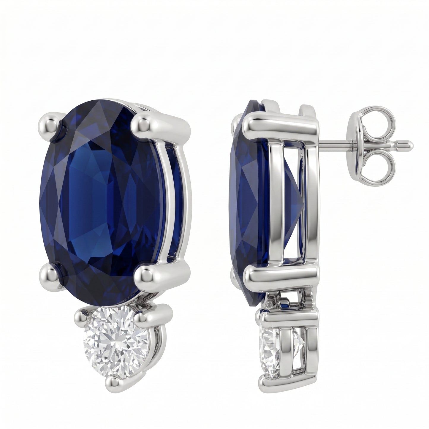 SECA0658W-68 W-2 front and turned view showing the straight wire post and butterfly back - oval blue sapphire stud earrings with a round brilliant diamond accent, in 14K white gold