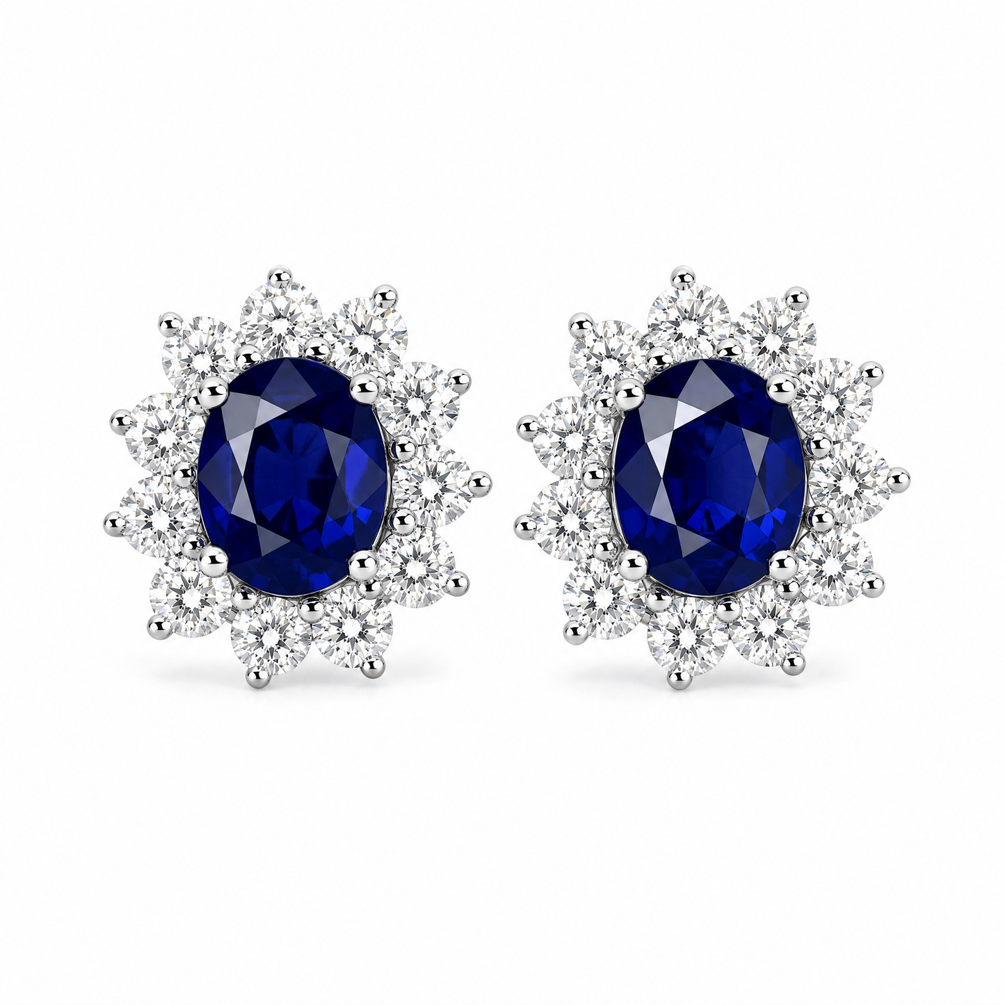 SECY0204W W-1 frontal pair - oval blue sapphire with round diamond cluster halo stud earrings in 18K white gold