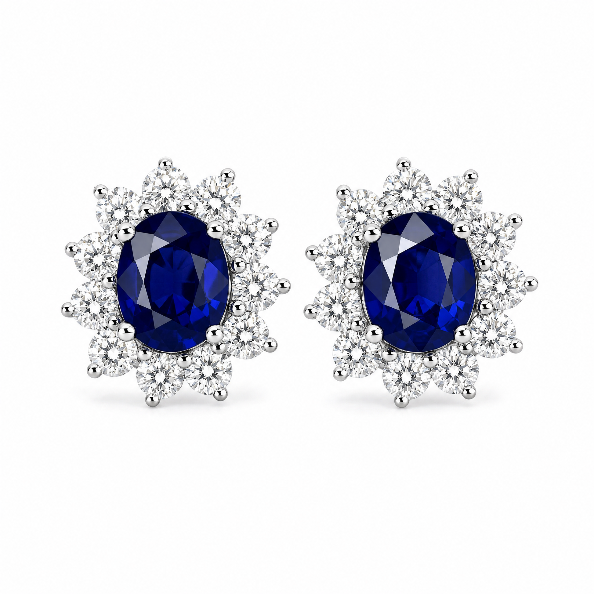 SECY0204W W-1 frontal pair - oval blue sapphire with round diamond cluster halo stud earrings in 18K white gold