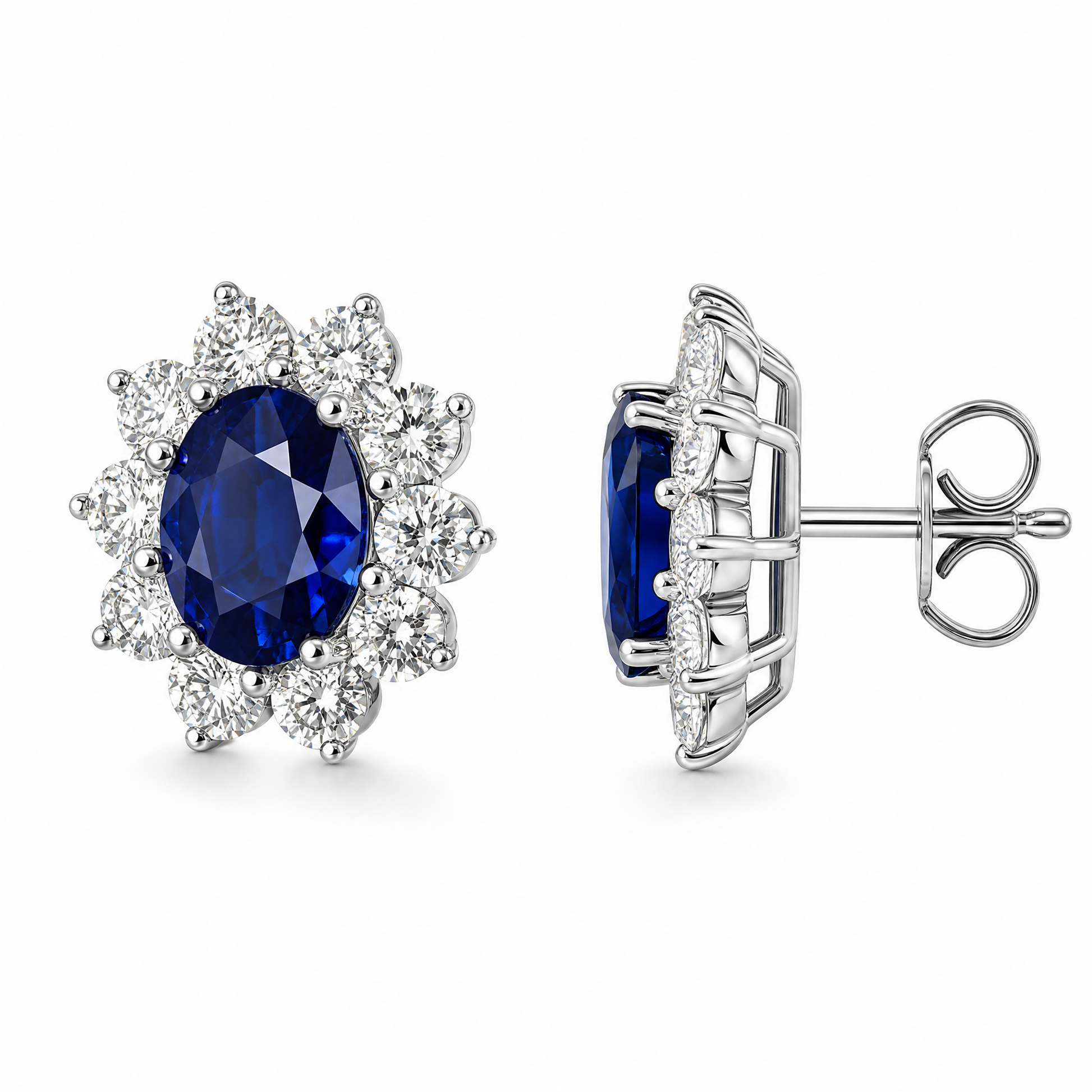 SECY0204W W-2 turned view showing post and butterfly back - oval blue sapphire diamond cluster halo stud earrings in 18K white gold