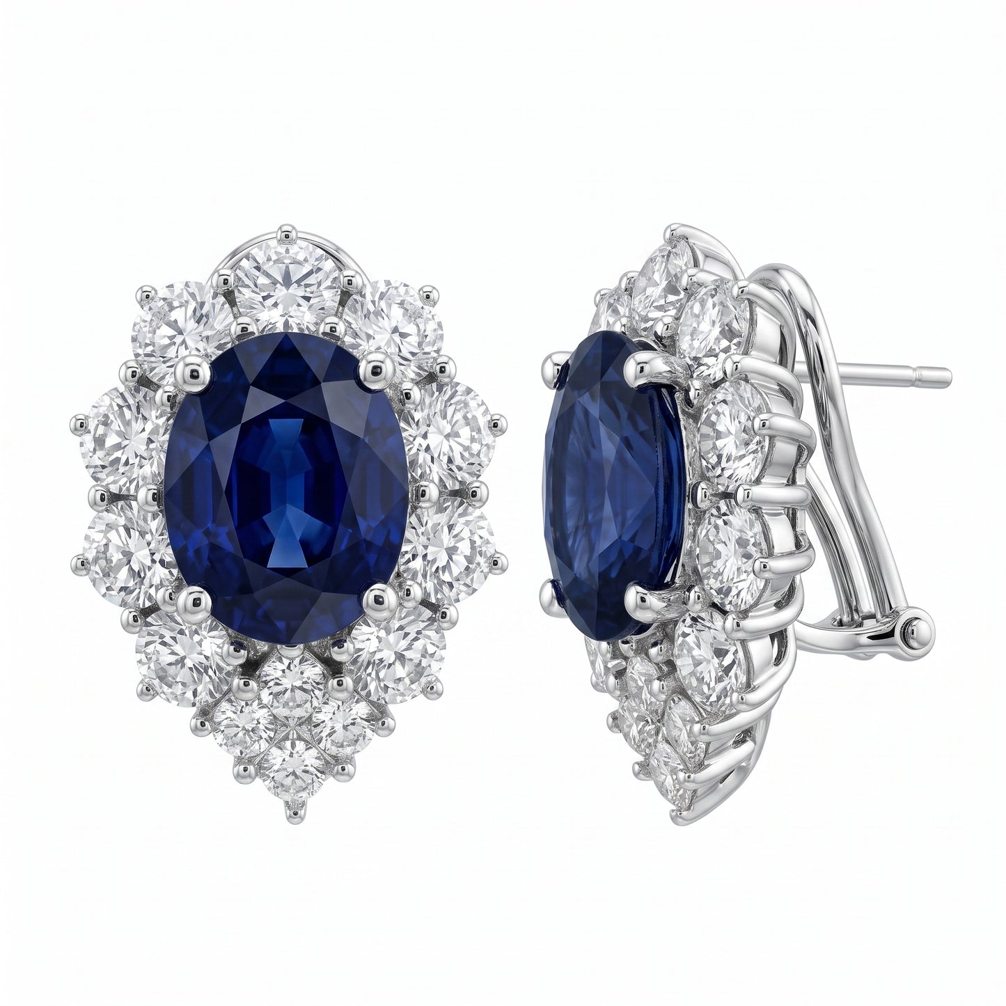 6.46ct Oval Sapphire & Diamond Halo Drop Clip Earrings