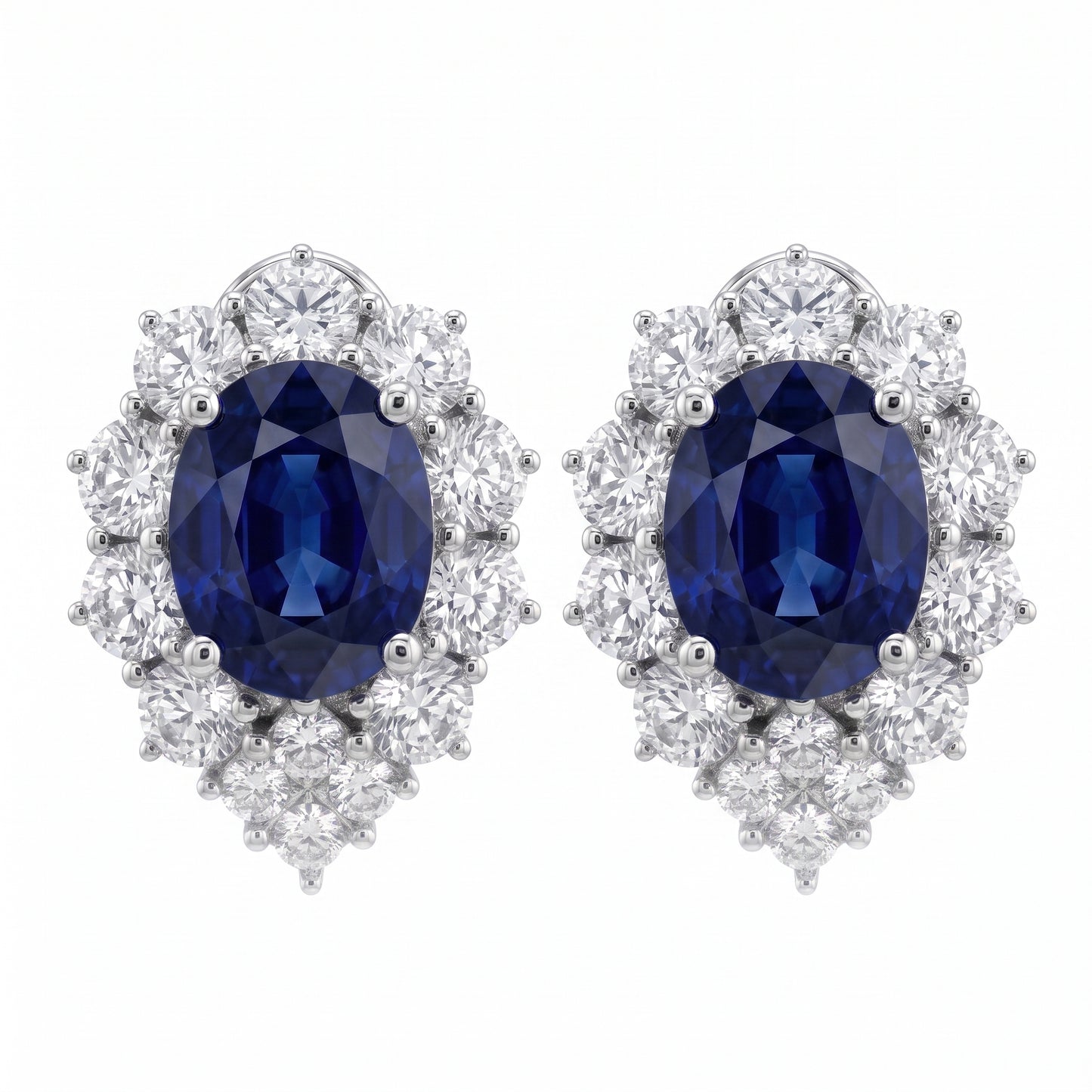 6.46ct Oval Sapphire & Diamond Halo Drop Clip Earrings