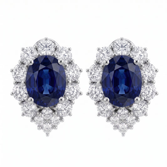 6.46ct Oval Sapphire & Diamond Halo Drop Clip Earrings