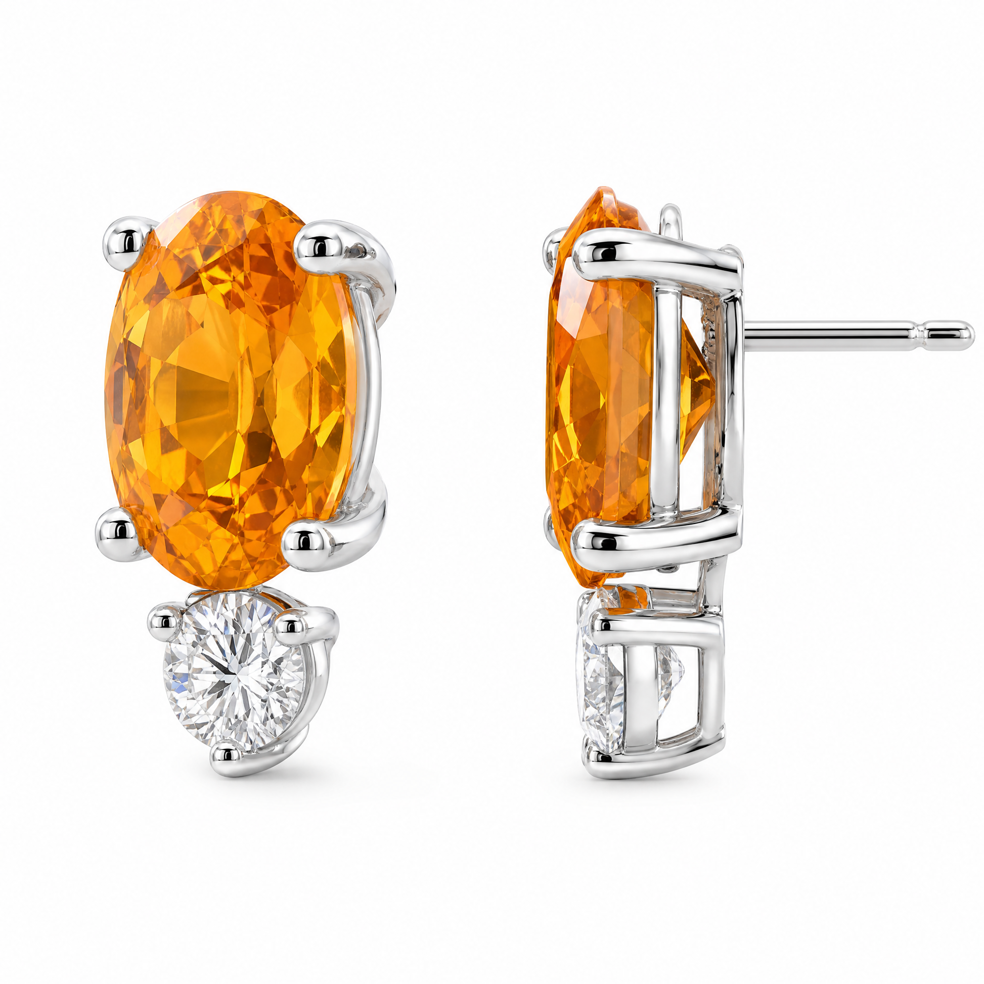 SECY1251AW-Y W-2 front and turned view showing straight post and butterfly back - oval yellow sapphire and round diamond stud earrings in 14K white gold