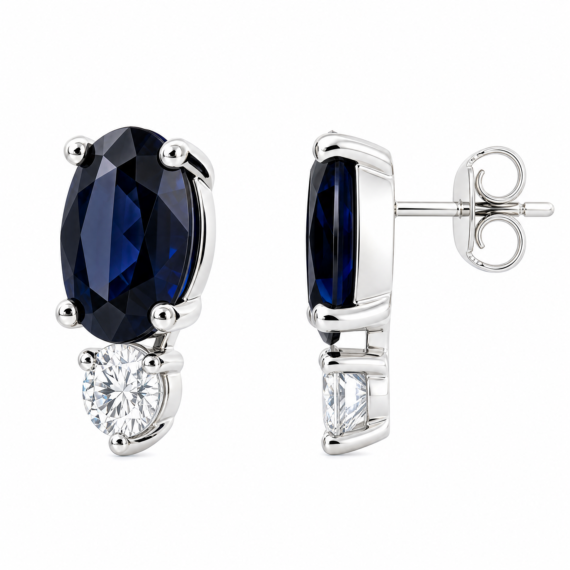 SECY1251AW W-2 front and full side profile showing straight post and butterfly back - oval blue sapphire and round diamond post earrings in 14K white gold