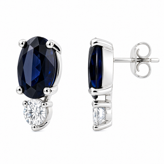 SECY1251AW W-2 front and full side profile showing straight post and butterfly back - oval blue sapphire and round diamond post earrings in 14K white gold