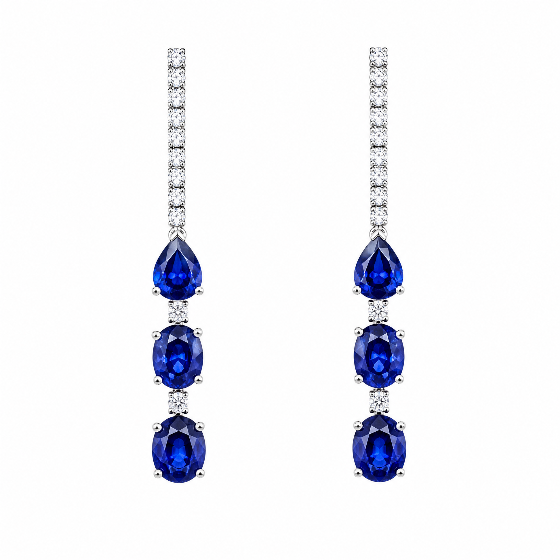 SECY1401W W-1 frontal pair - blue sapphire and diamond linear station drop earrings