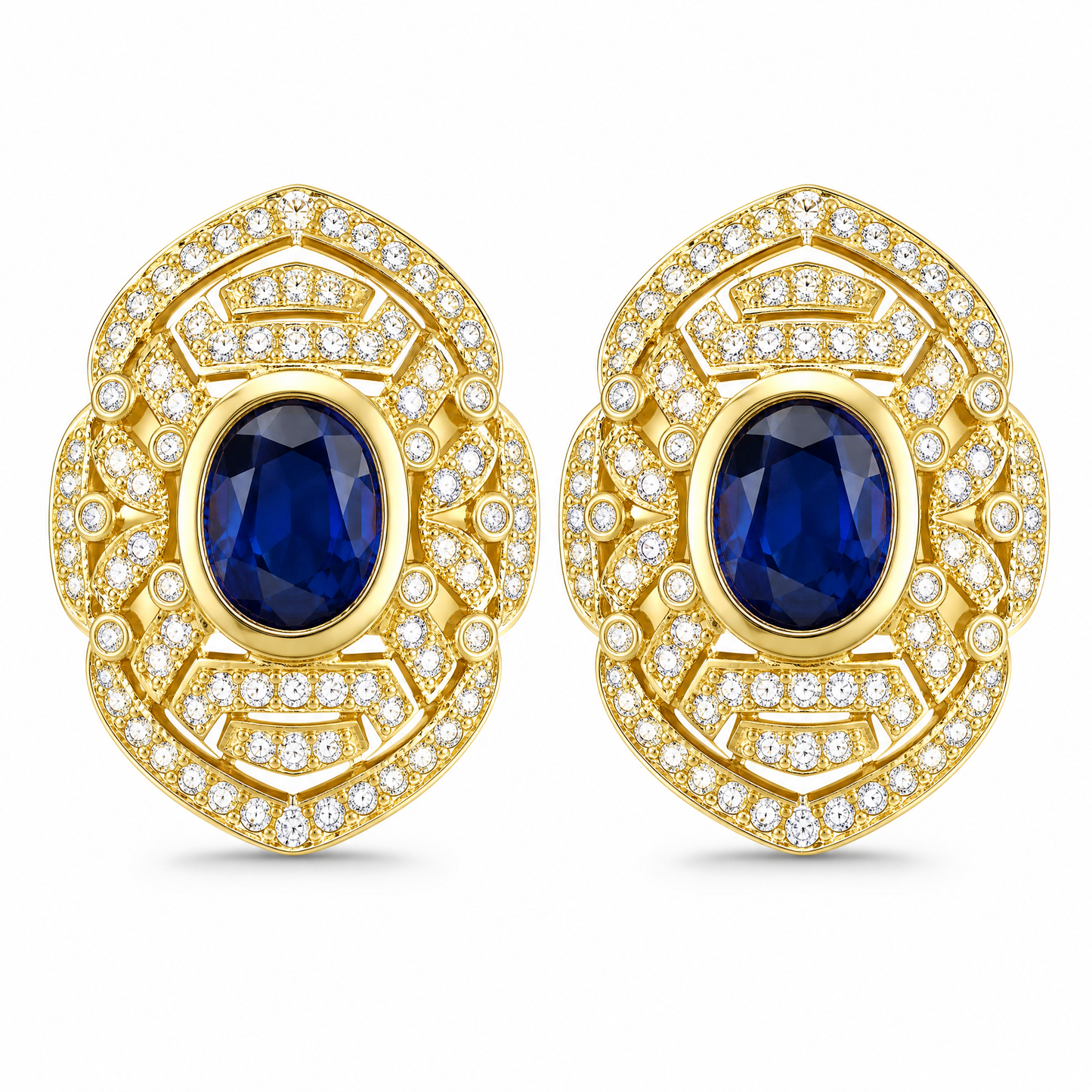 SED0017 W-1 frontal pair - oval blue sapphire and diamond milgrain openwork clip earrings