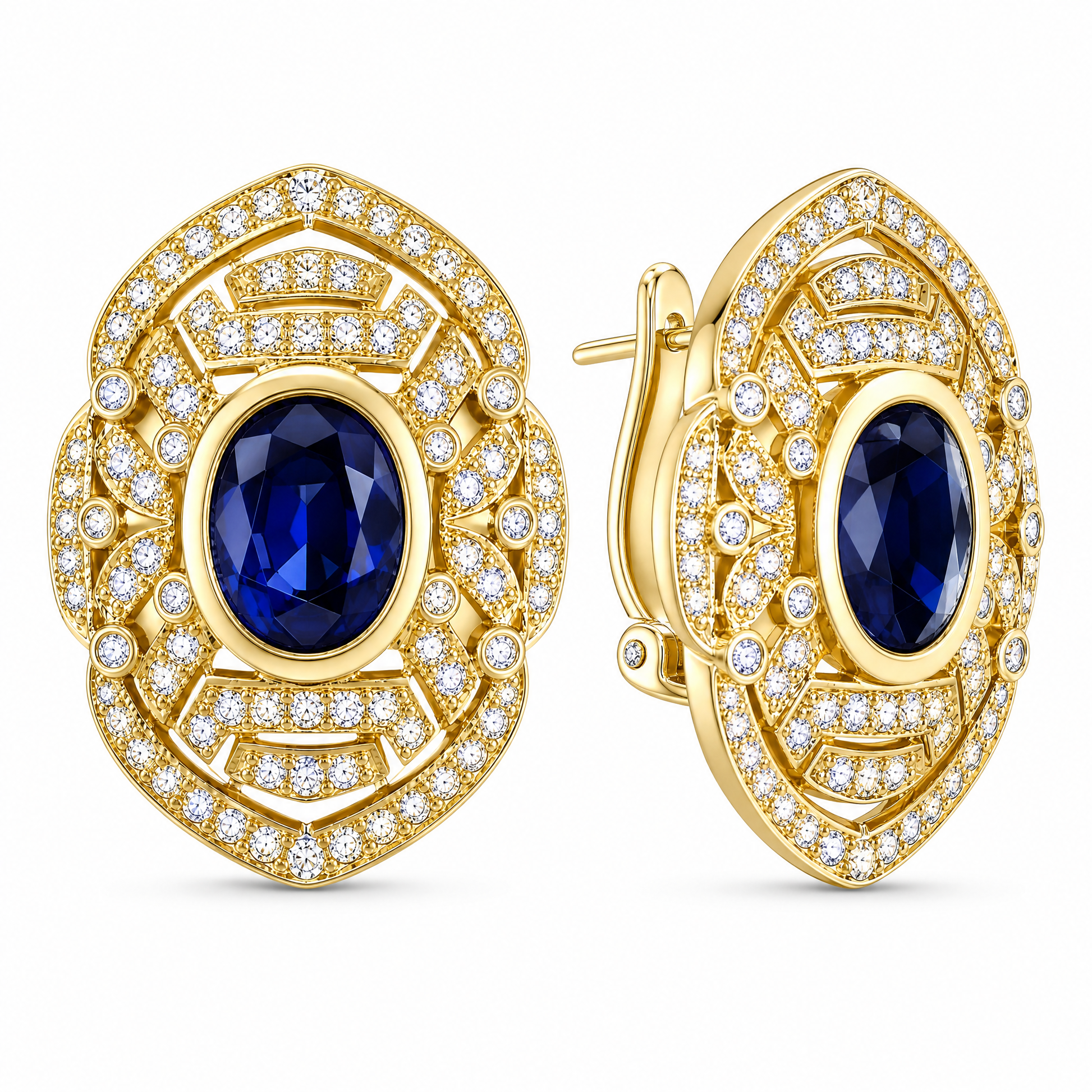 SED0017 W-2 front and turned view showing French clip backing - oval blue sapphire and diamond milgrain openwork clip earrings