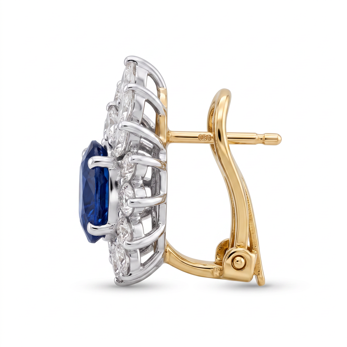 SEEJ0080AW S-1 side profile showing French clip backing - oval sapphire and marquise diamond crown clip earring, white gold front with 18K yellow gold post and clip