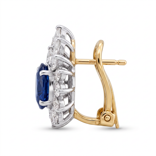 SEEJ0080AW S-1 side profile showing French clip backing - oval sapphire and marquise diamond crown clip earring, white gold front with 18K yellow gold post and clip