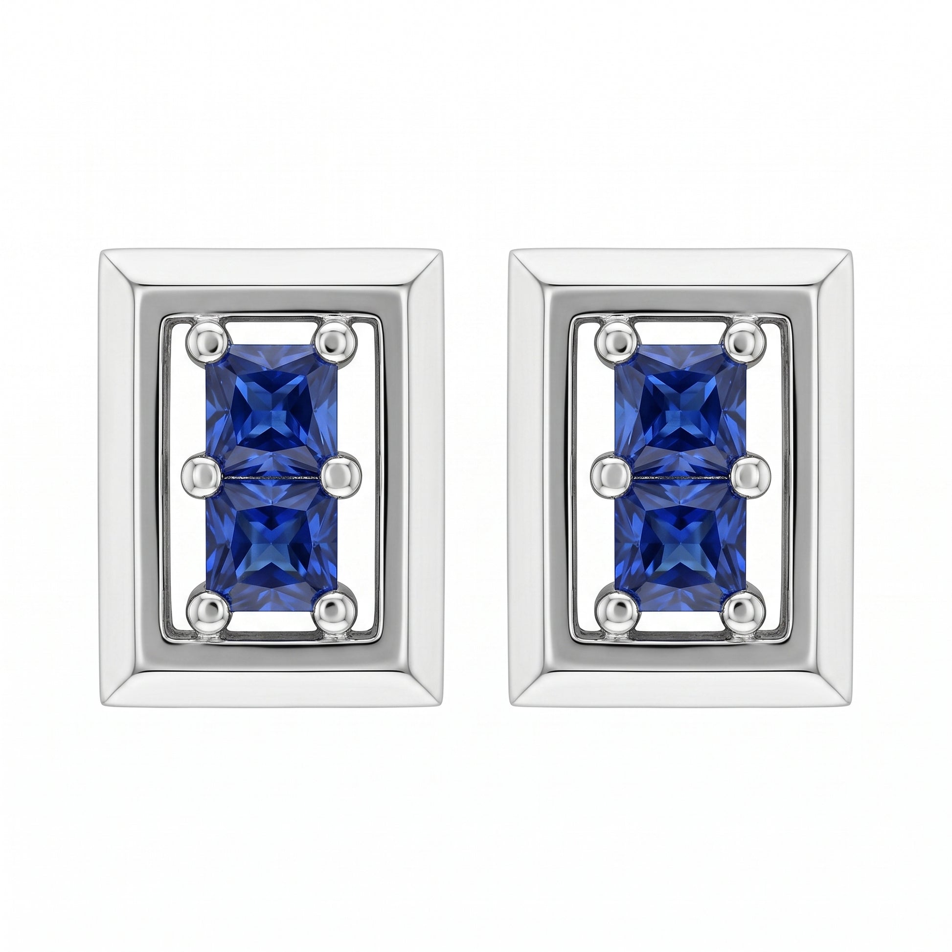 14k white gold four square blue sapphire rectangular frame post earrings, white background