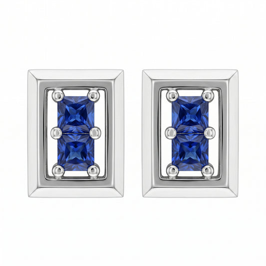 14k white gold four square blue sapphire rectangular frame post earrings, white background
