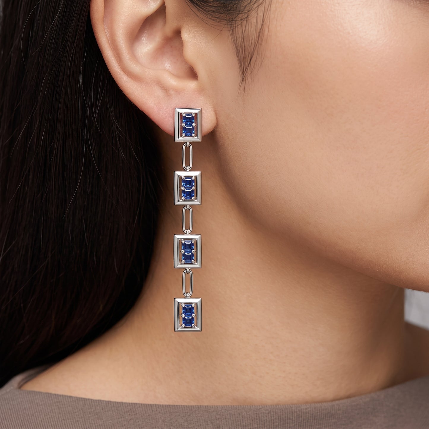 Square Sapphire Rectangle Dangle Earrings