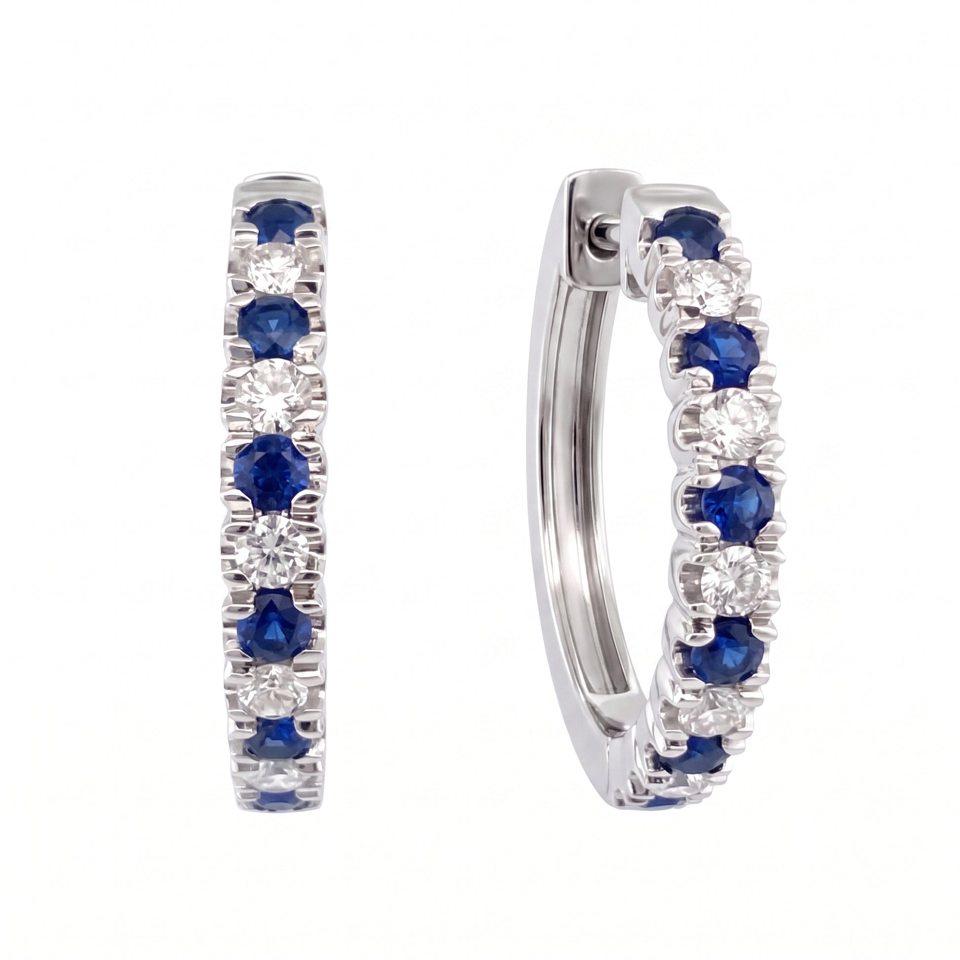 18K white gold inside-out hoop earrings with alternating blue sapphires and diamonds, angled view on a white background