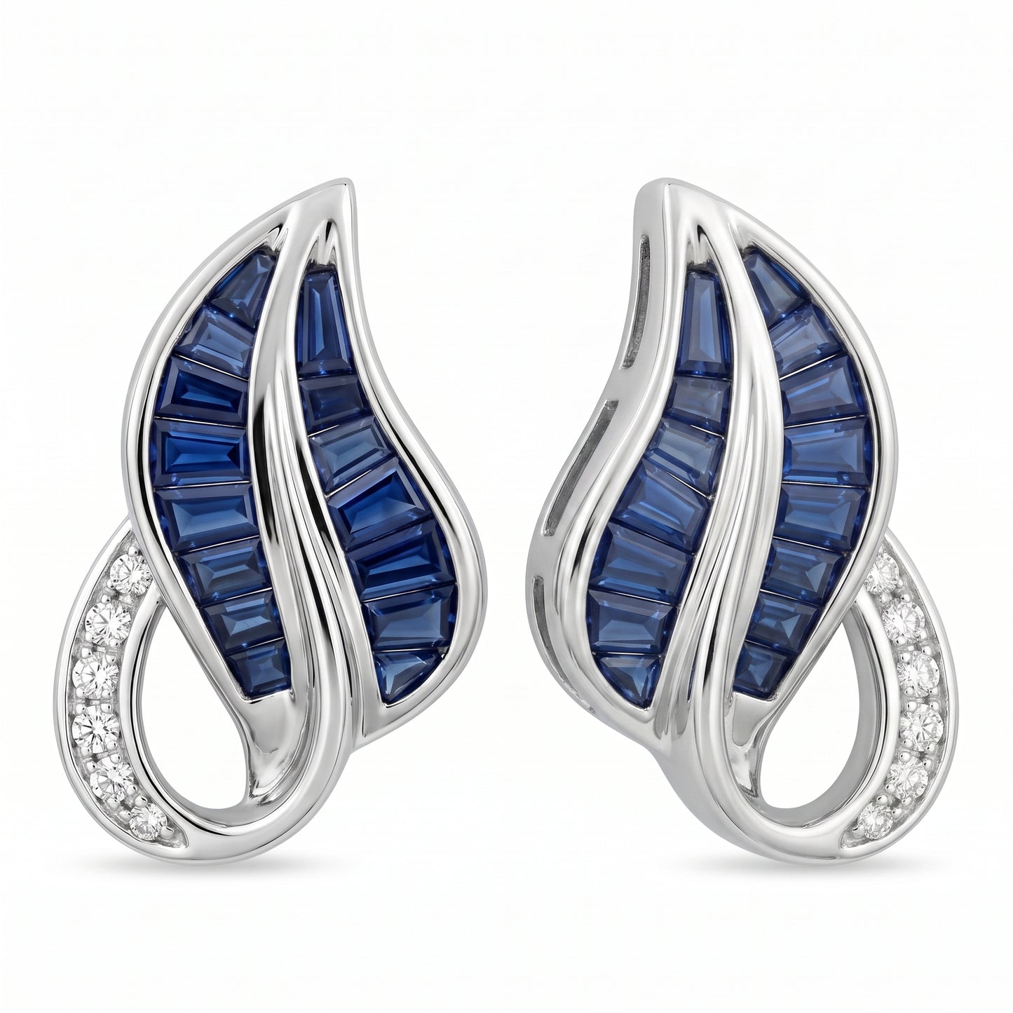 29 Tapered Sapphire & 12-Diamond Leaf Clip Earrings in 14K white gold, raised angle view on white background