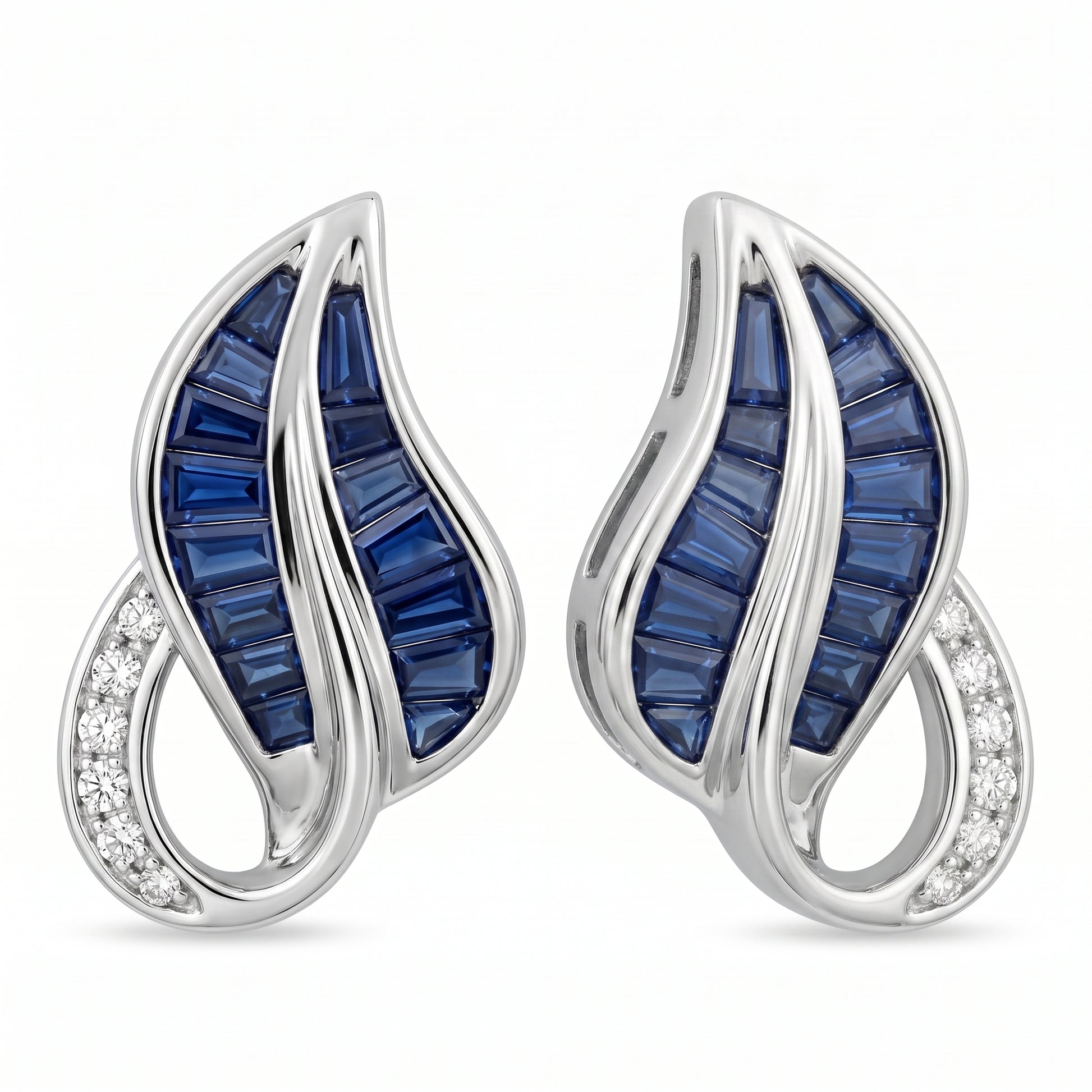 29 Tapered Sapphire & 12-Diamond Leaf Clip Earrings in 14K white gold, raised angle view on white background