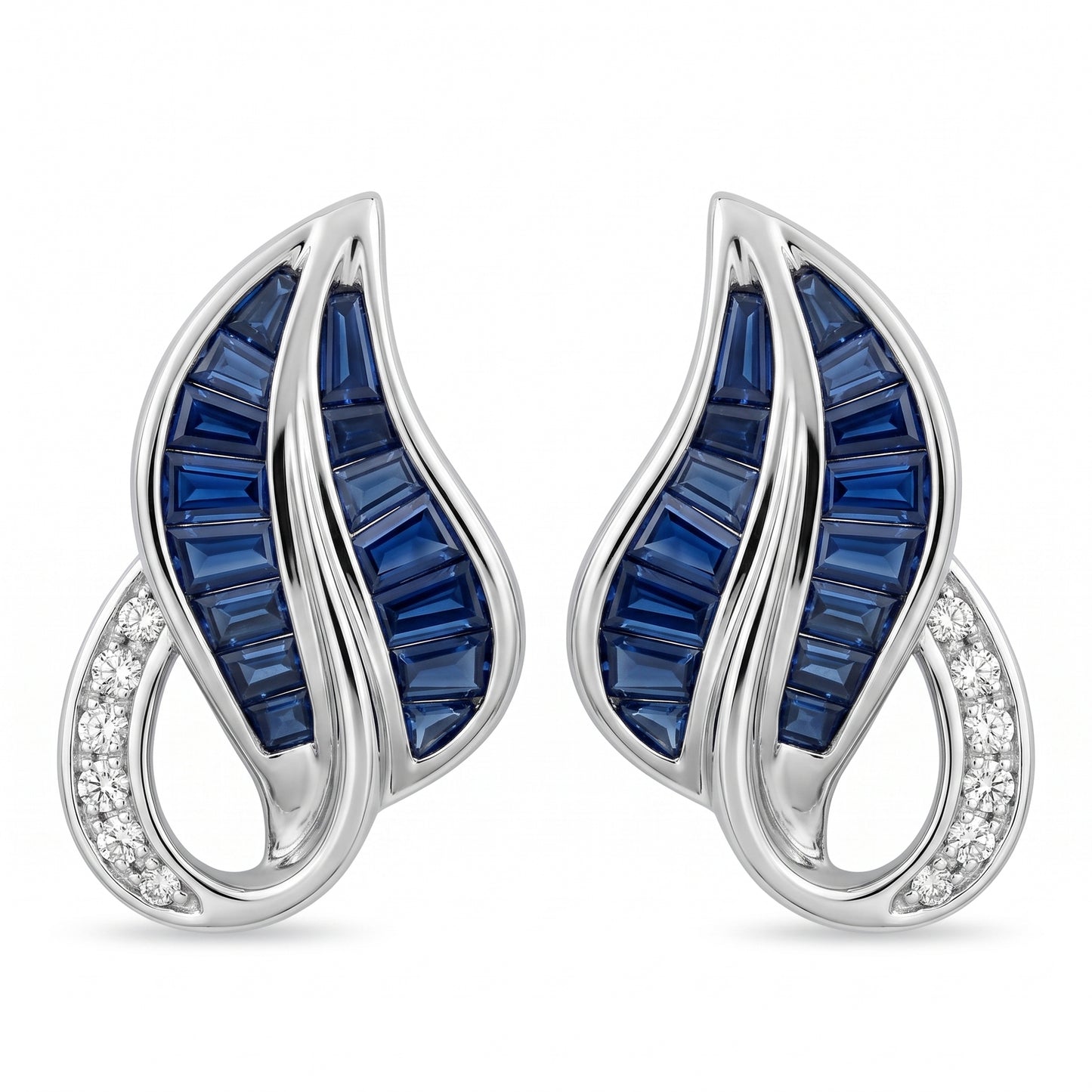 29 Tapered Sapphire & 12-Diamond Leaf Clip Earrings in 14K white gold, front view on white background