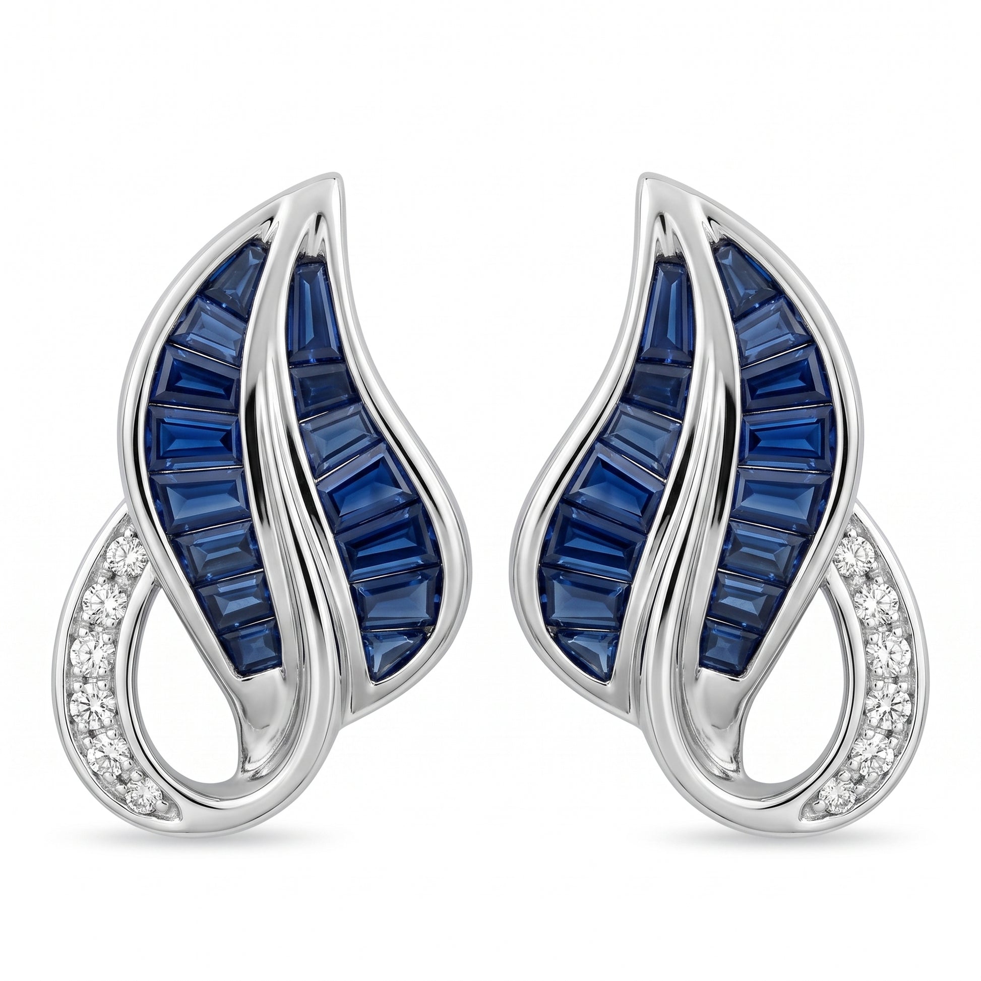 29 Tapered Sapphire & 12-Diamond Leaf Clip Earrings in 14K white gold, front view on white background