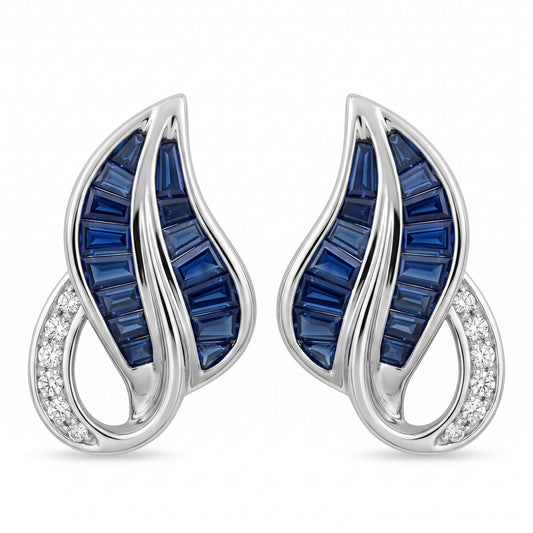 29 Tapered Sapphire & 12-Diamond Leaf Clip Earrings in 14K white gold, front view on white background