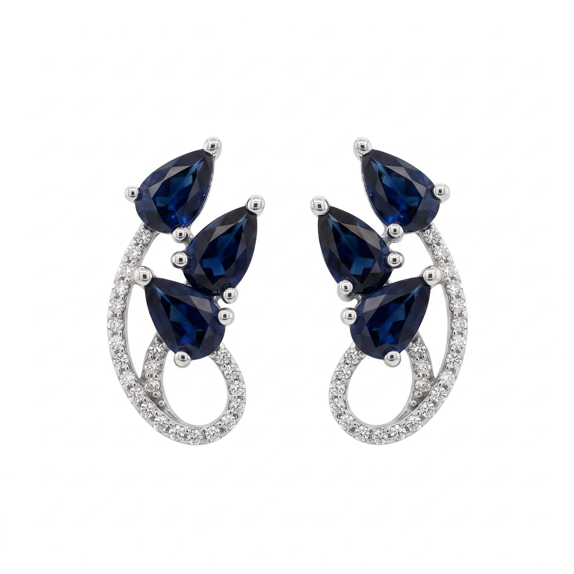 6 Pear Sapphire & 46-Diamond Post Earrings - white background front view