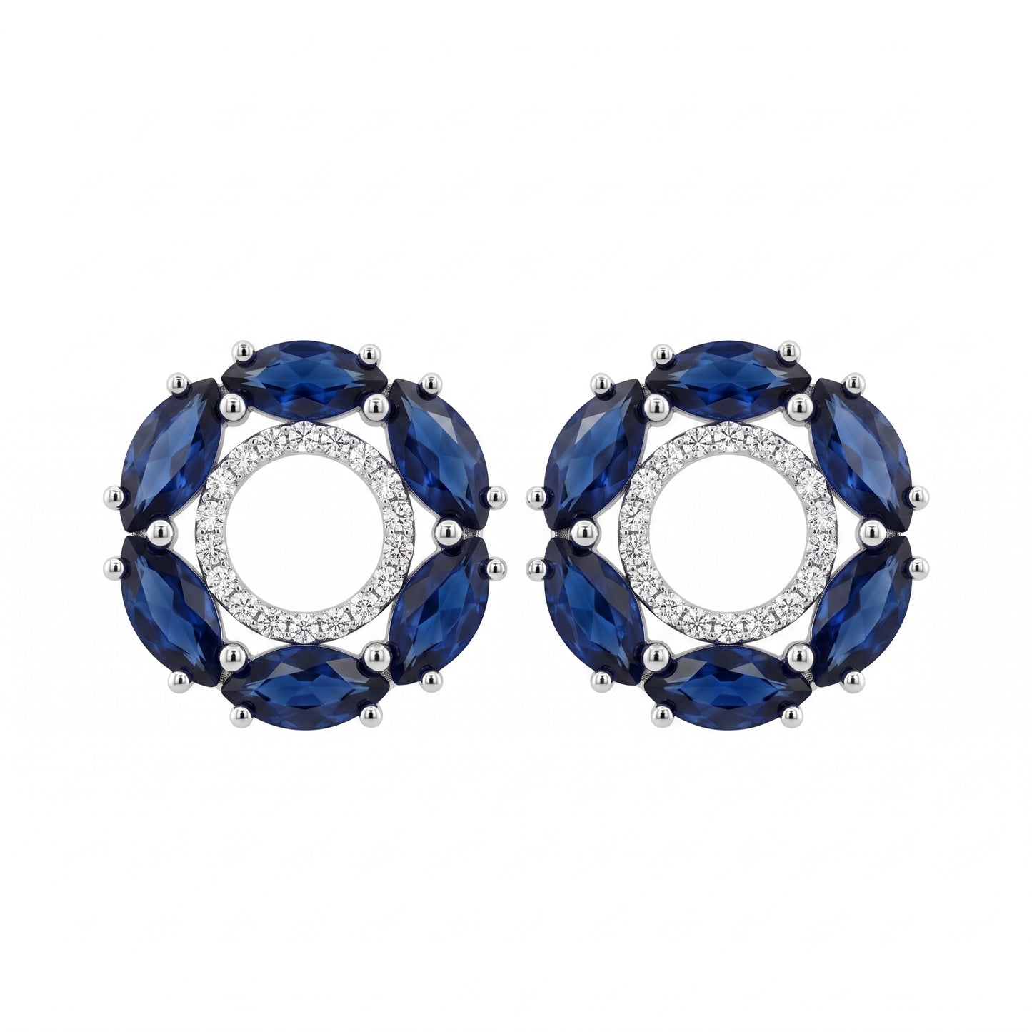 12 Marquise Sapphire & 36-Diamond Circle Post Earrings, 12mm - white background front view