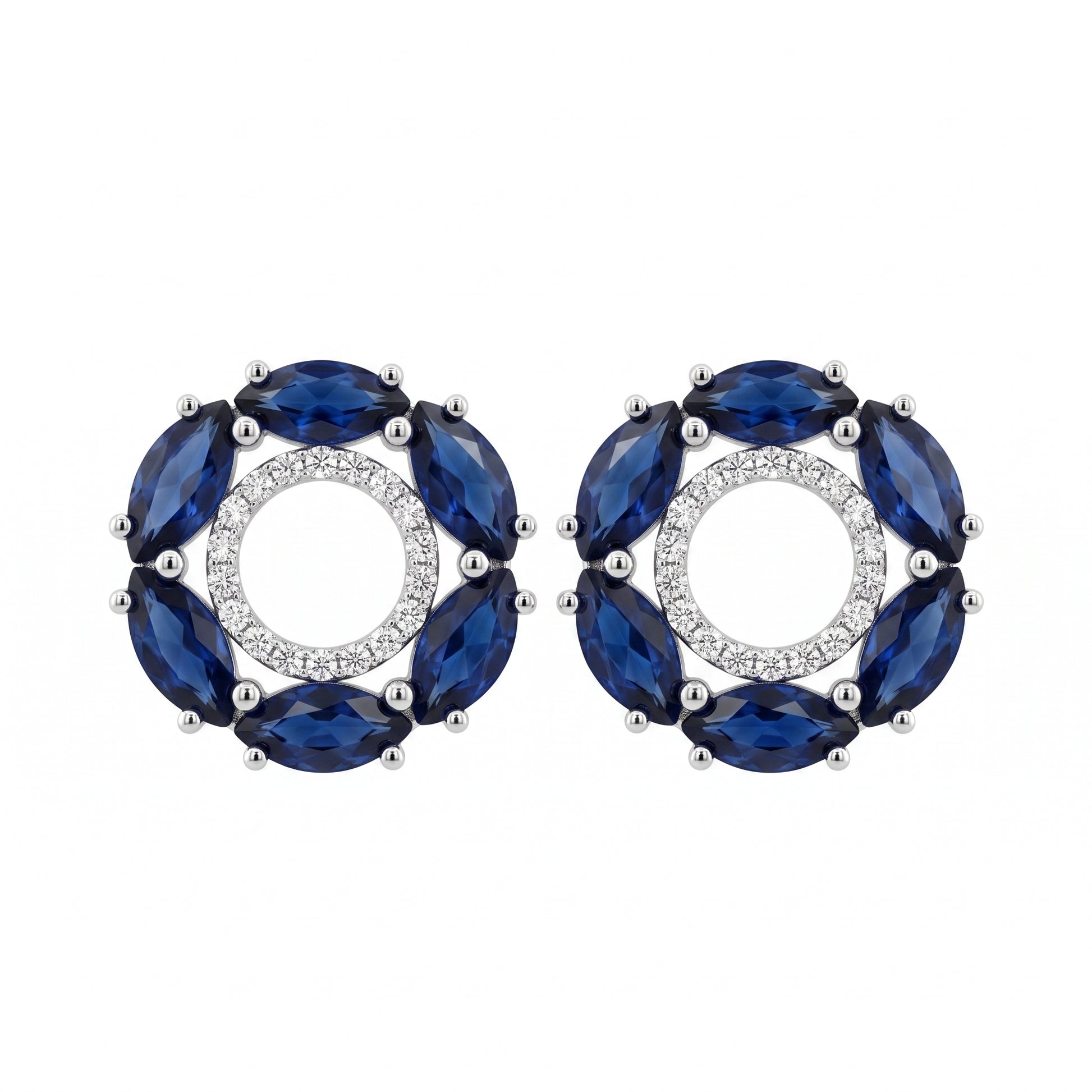 12 Marquise Sapphire & 36-Diamond Circle Post Earrings, 12mm - white background front view