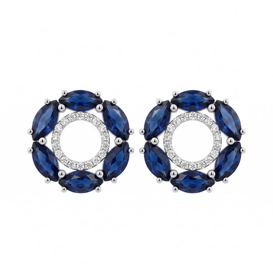 12 Marquise Sapphire & 36-Diamond Circle Post Earrings, 12mm - white background front view