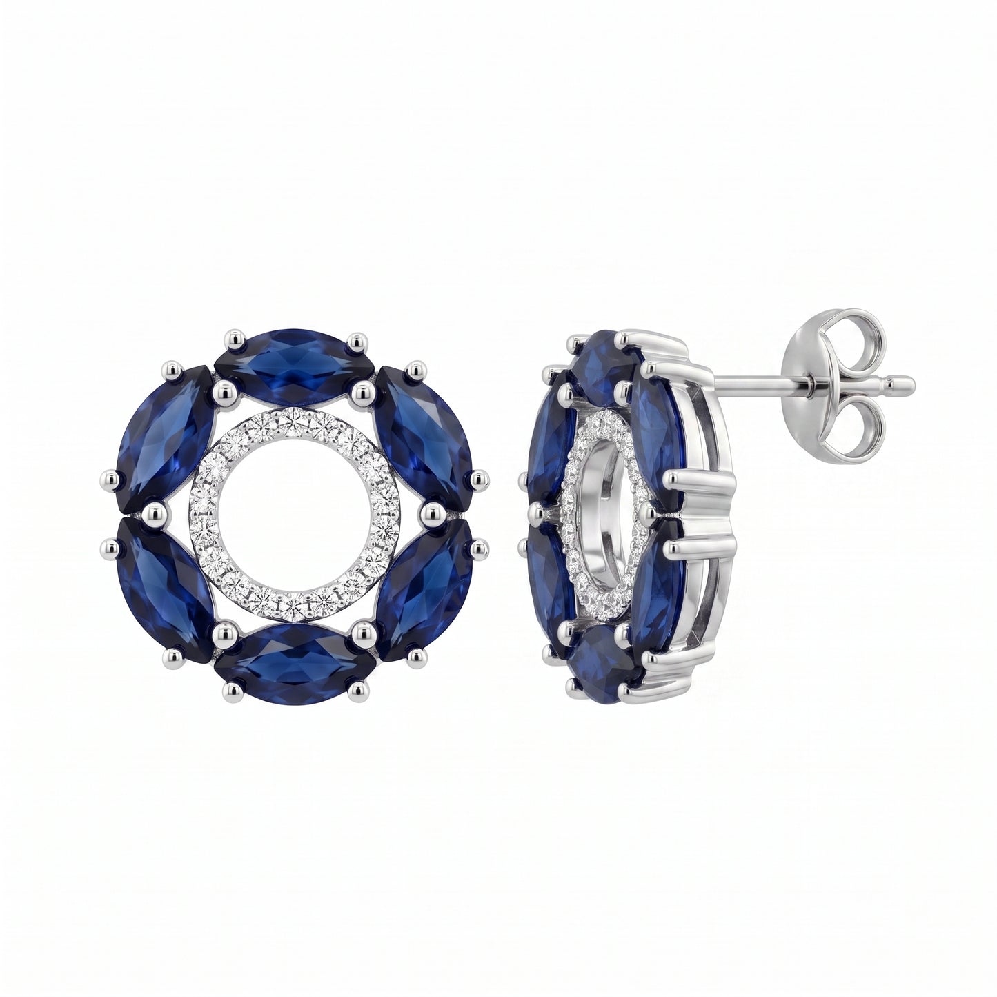 12 Marquise Sapphire & 36-Diamond Circle Post Earrings, 12mm - white background front and profile view