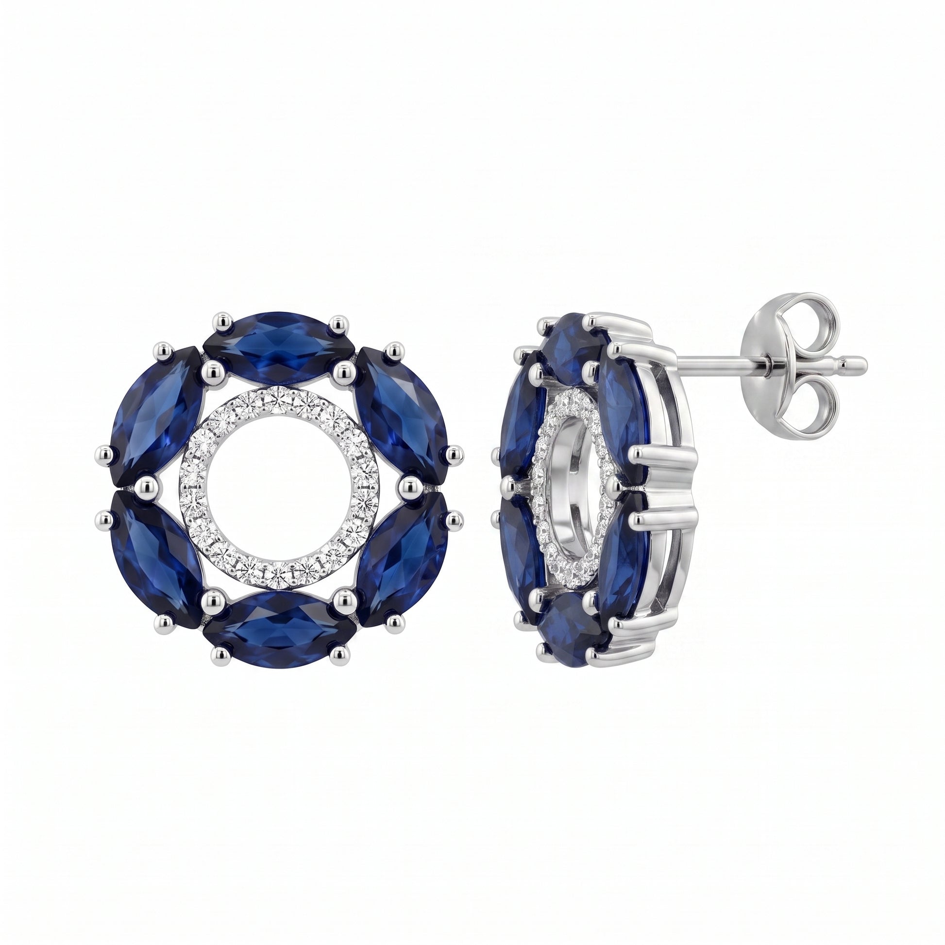 12 Marquise Sapphire & 36-Diamond Circle Post Earrings, 12mm - white background front and profile view