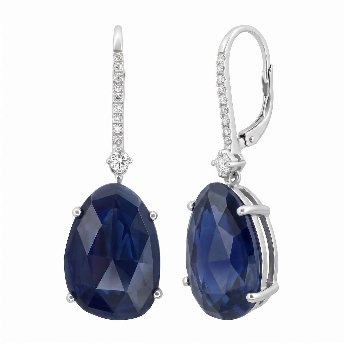 SEG0700W 14K white gold free-form sapphire and diamond lever-back drop earrings, front and three-quarter profile view showing the hinged lever back and rear wire