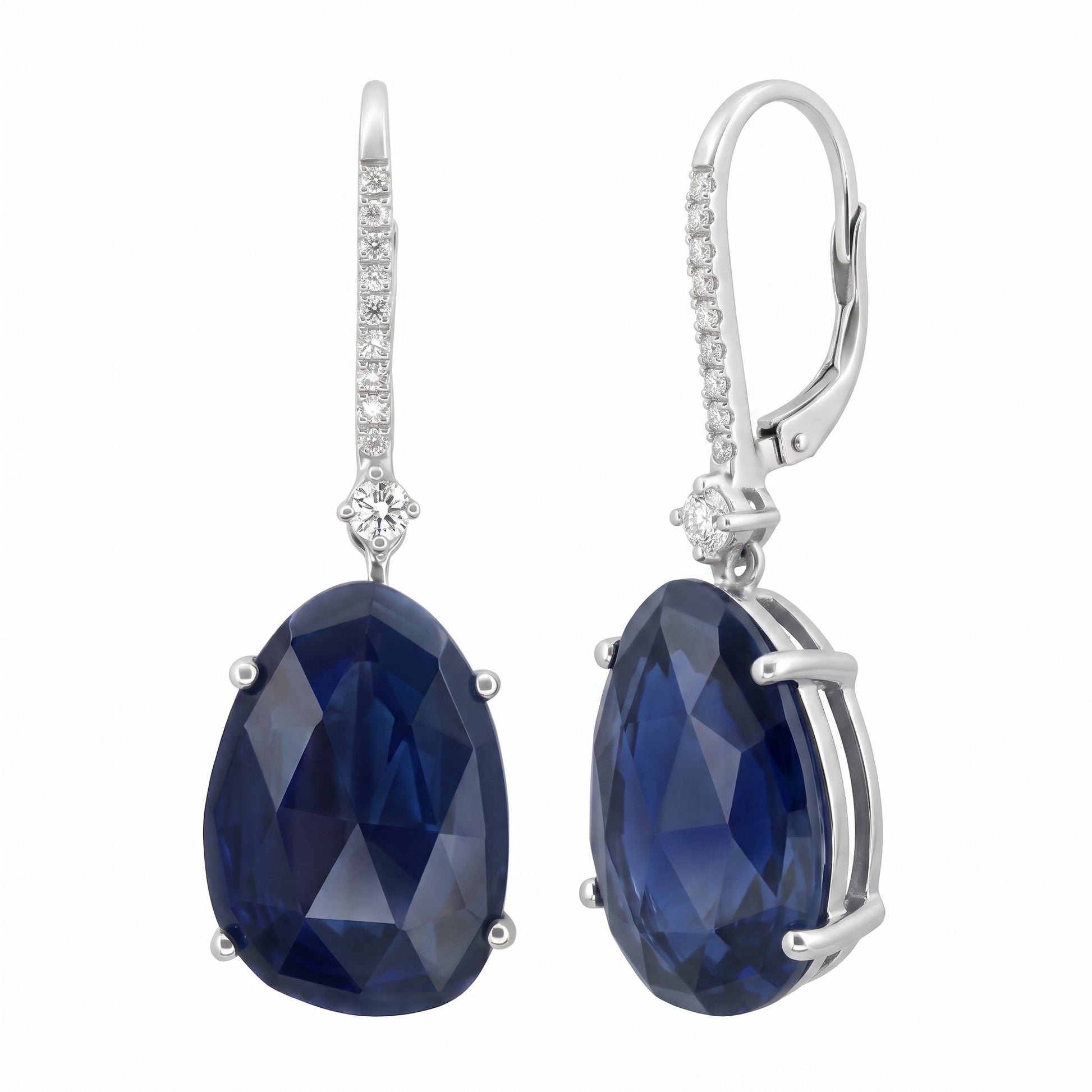 SEG0700W 14K white gold free-form sapphire and diamond lever-back drop earrings, front and three-quarter profile view showing the hinged lever back and rear wire