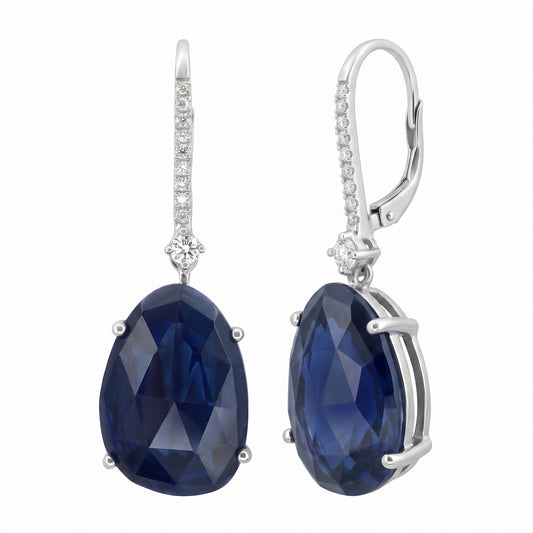 SEG0700W 14K white gold free-form sapphire and diamond lever-back drop earrings, front and three-quarter profile view showing the hinged lever back and rear wire