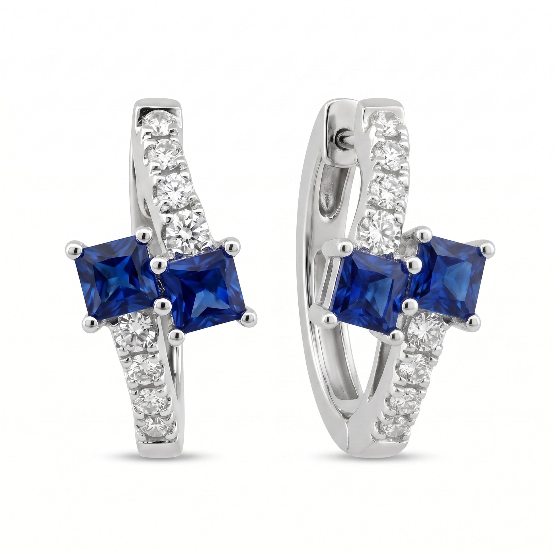 SEGS1005W 18K white gold sapphire and diamond oval huggie hoop earrings, front and side profile view showing the hinge and plain back arc