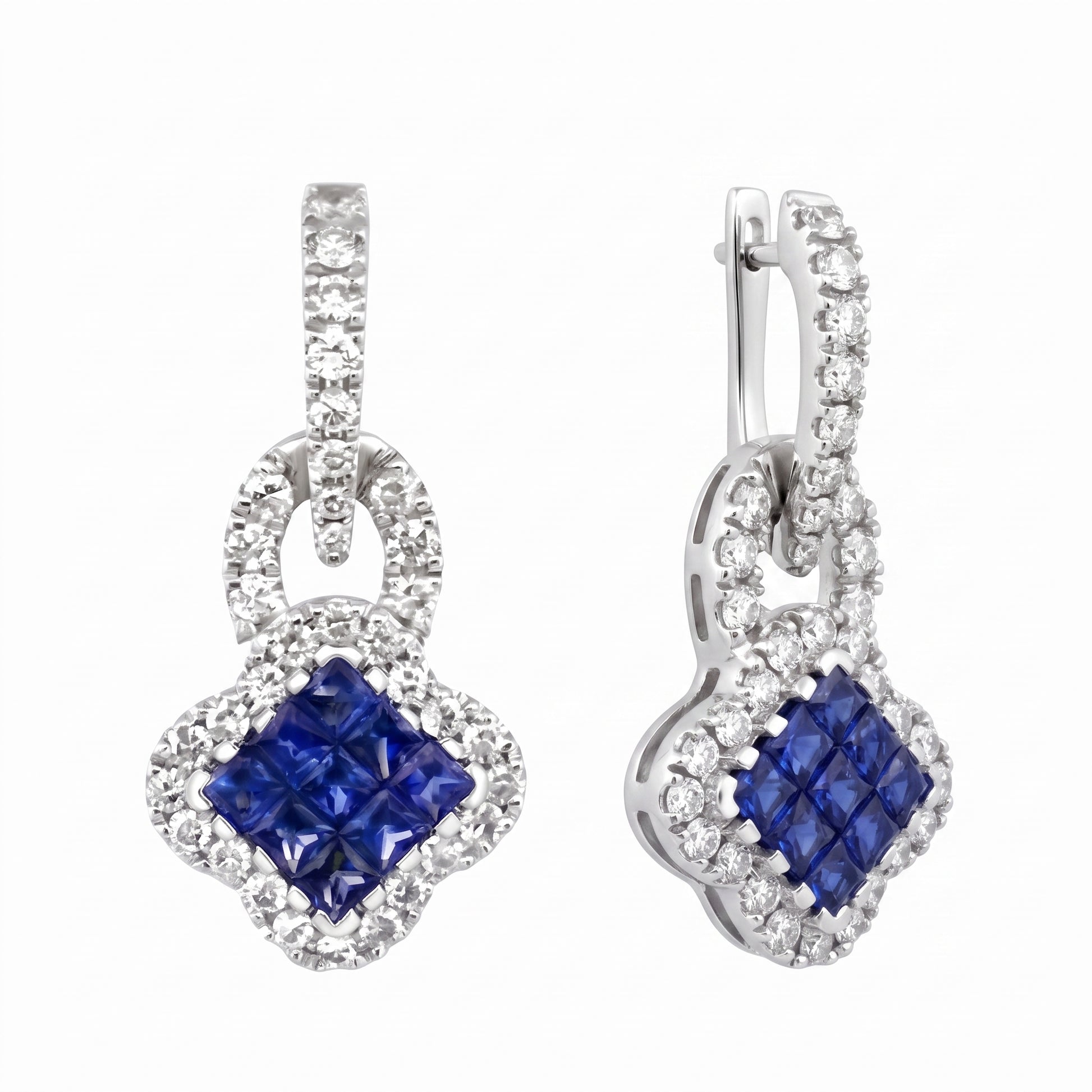 18k white gold eighteen square blue sapphire and round diamond quatrefoil dangle post earrings, second view, white background