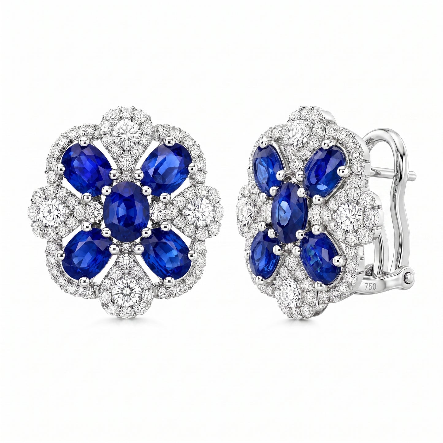 5.19 Carat Sapphire and Diamond Flower Cluster Clip Earrings