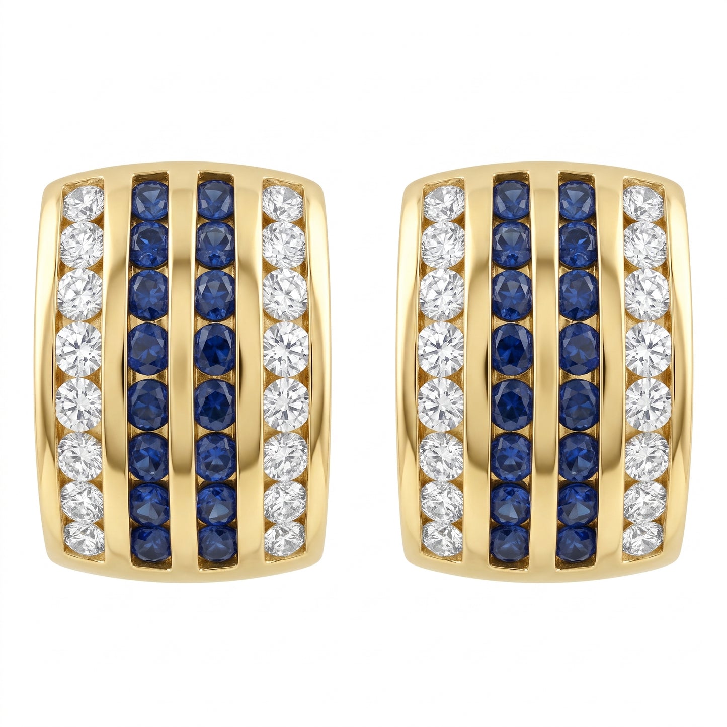 SEM0049 W-1 frontal pair - 4-row blue sapphire and diamond alternating 18K yellow gold huggie hoop earrings