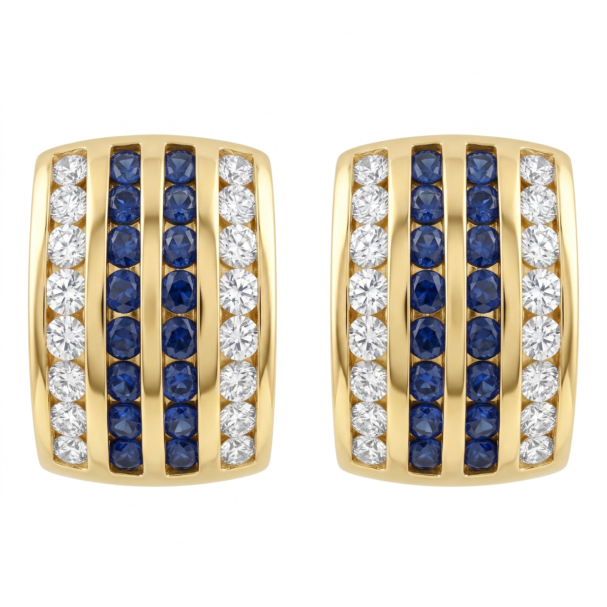 SEM0049 W-1 frontal pair - 4-row blue sapphire and diamond alternating 18K yellow gold huggie hoop earrings