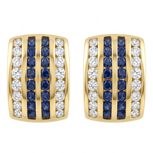 SEM0049 W-1 frontal pair - 4-row blue sapphire and diamond alternating 18K yellow gold huggie hoop earrings