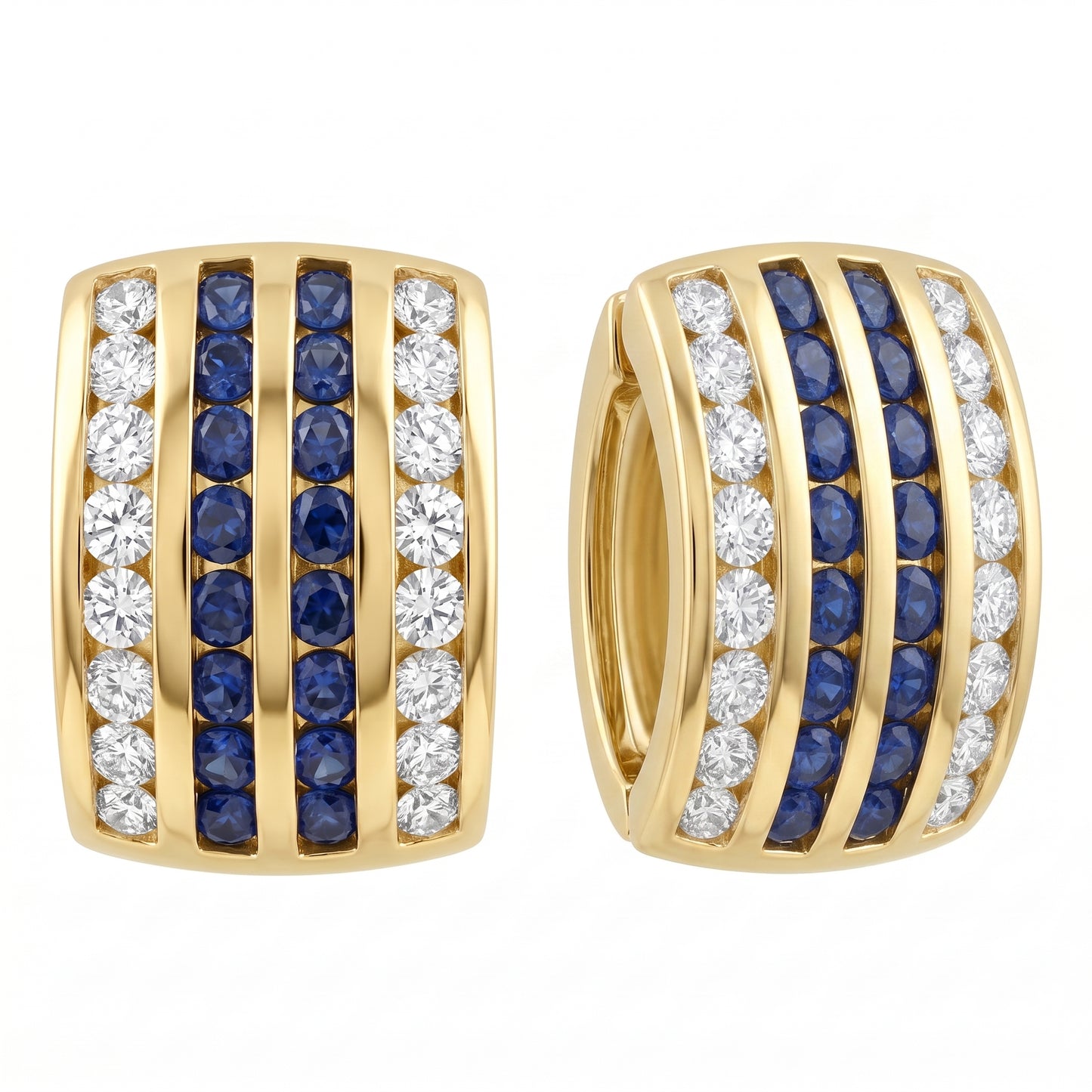 SEM0049 W-2 front and turned view showing the hinged huggie back - 4-row blue sapphire and diamond alternating 18K yellow gold hoop earrings