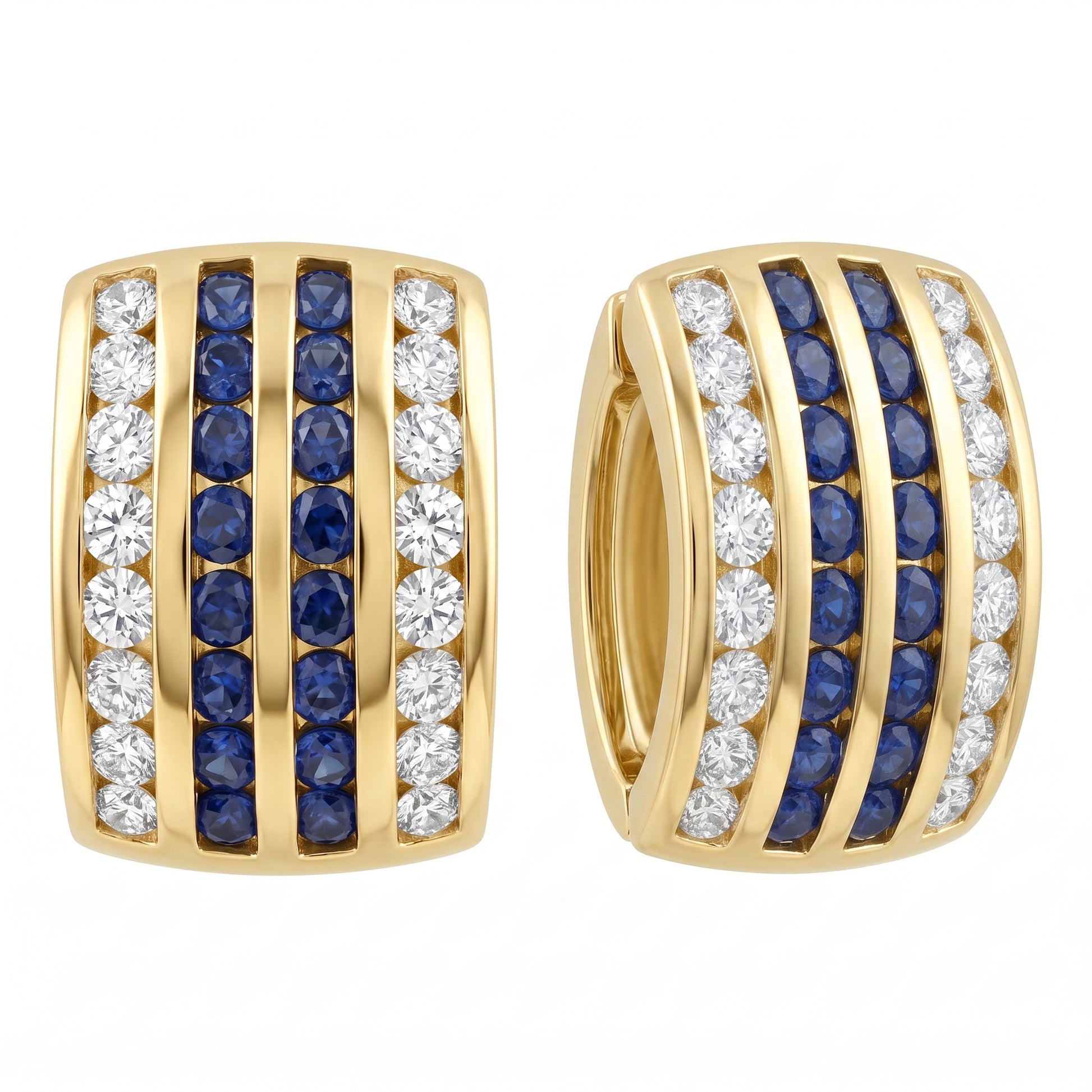 SEM0049 W-2 front and turned view showing the hinged huggie back - 4-row blue sapphire and diamond alternating 18K yellow gold hoop earrings