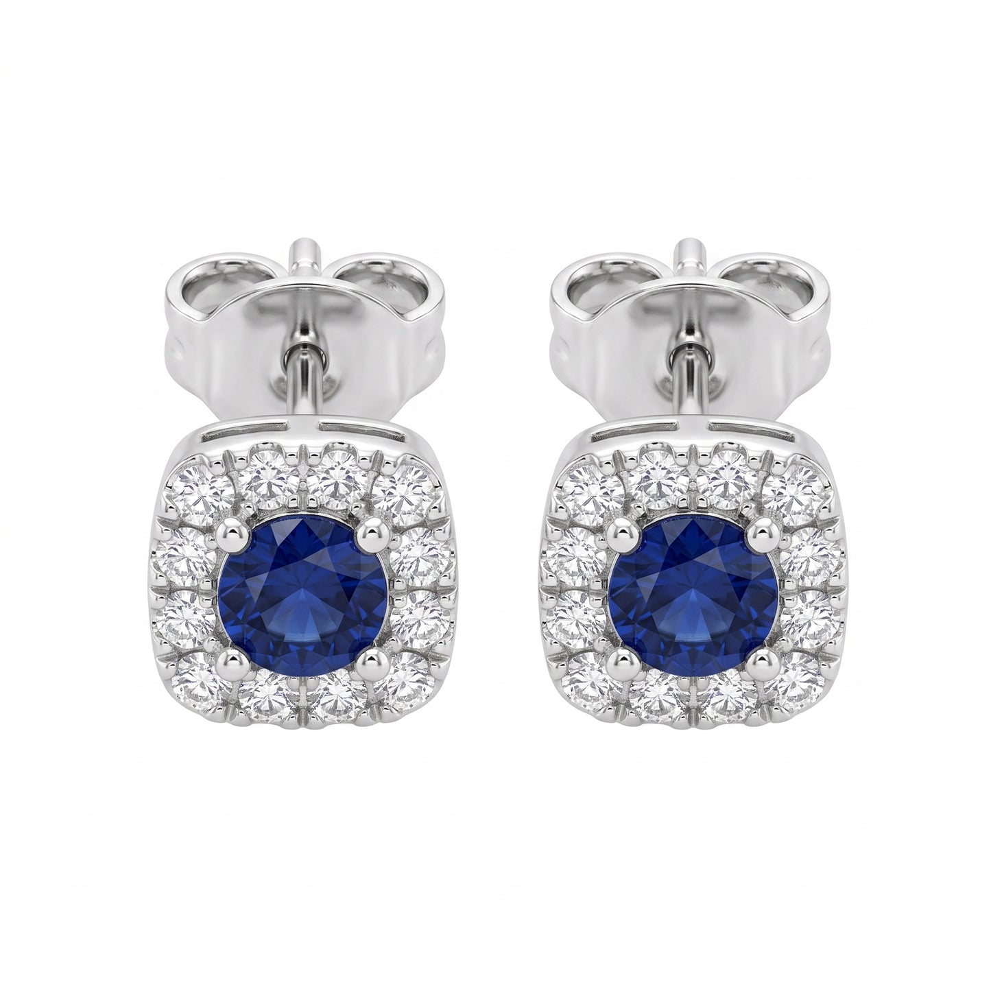 2 Round Sapphire & 24-Diamond Square Post Earrings - white background pair view