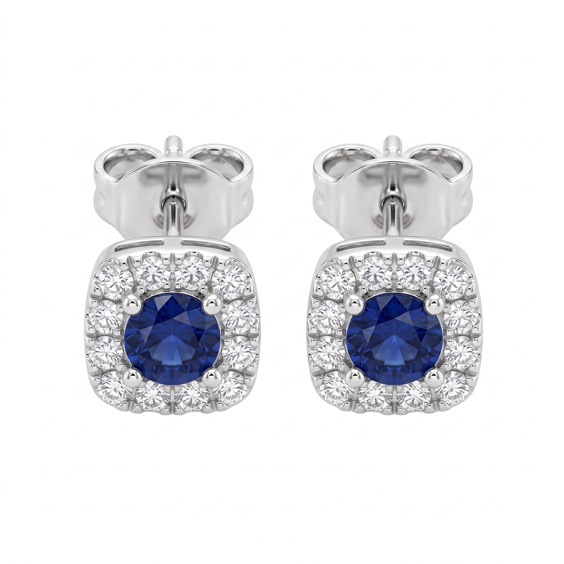 2 Round Sapphire & 24-Diamond Square Post Earrings - white background pair view