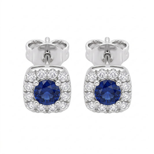 2 Round Sapphire & 24-Diamond Square Post Earrings - white background pair view
