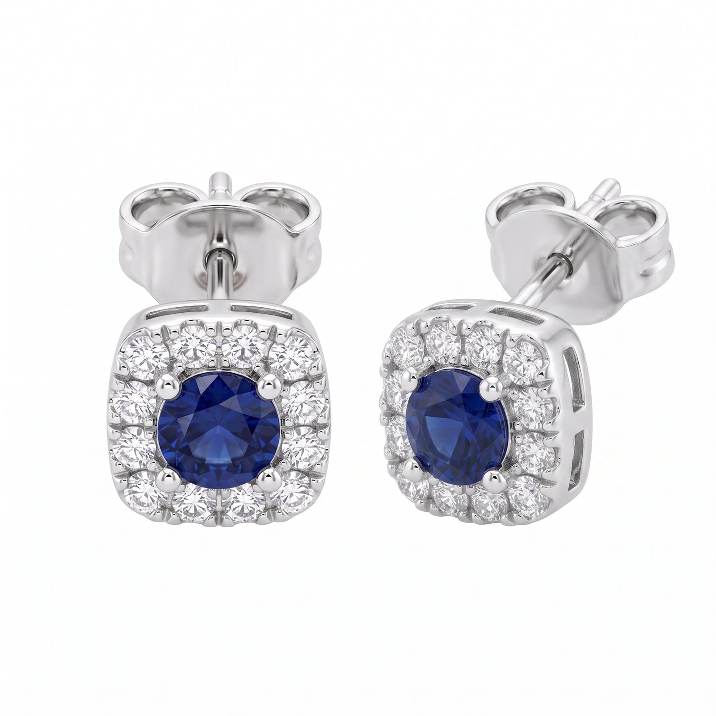 2 Round Sapphire & 24-Diamond Square Post Earrings - 3D turn view