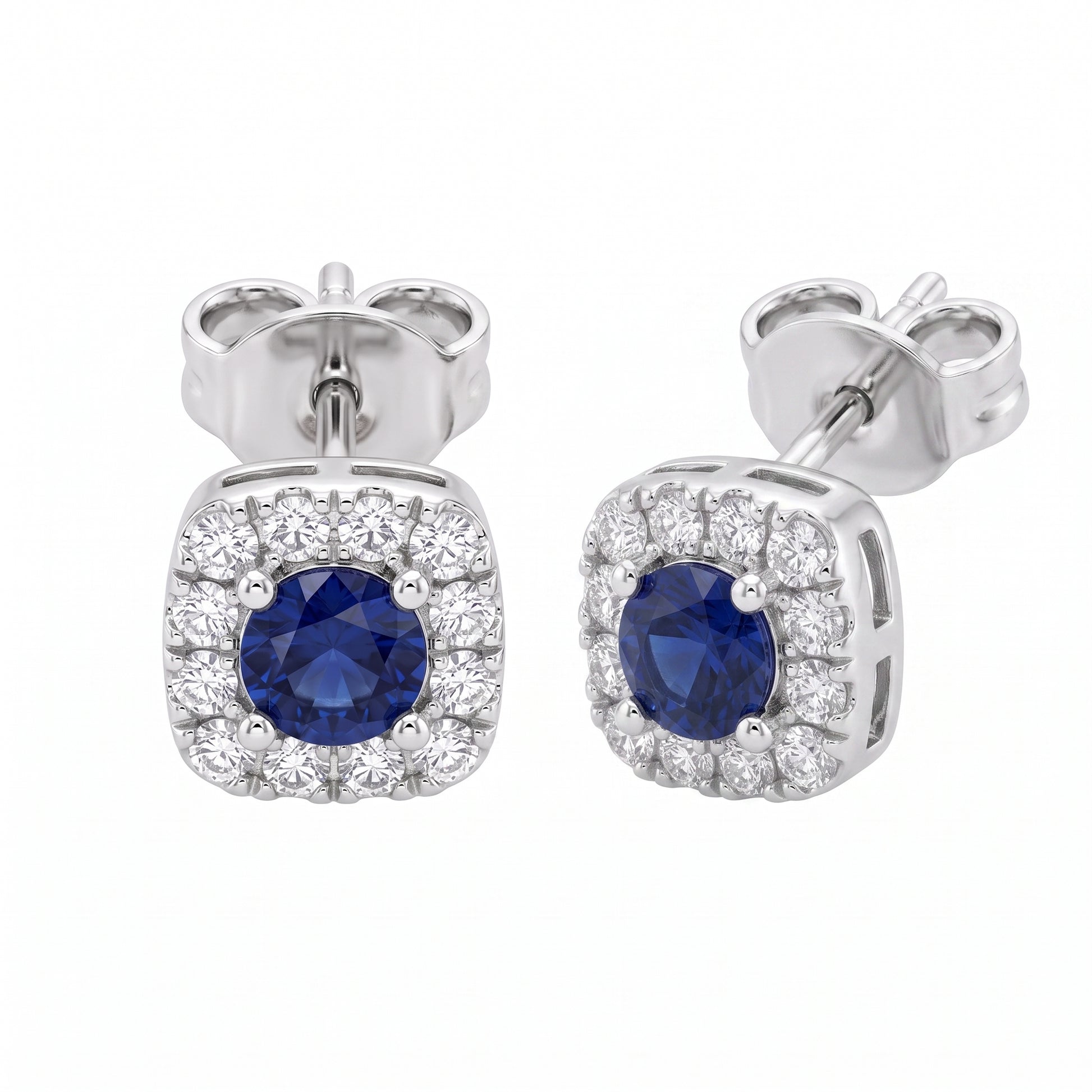2 Round Sapphire & 24-Diamond Square Post Earrings - 3D turn view