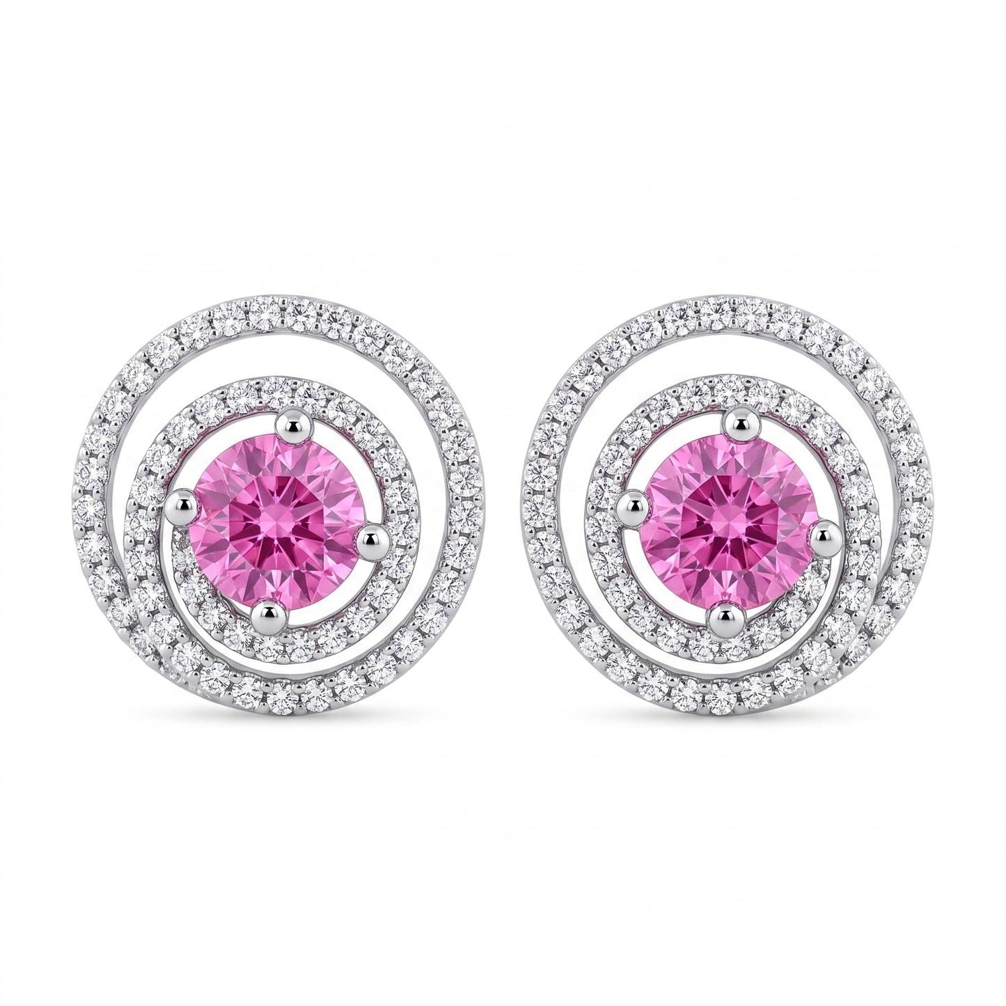 14k white gold 5mm round pink sapphire and one hundred eighteen round diamond swirl halo stud earrings, white background