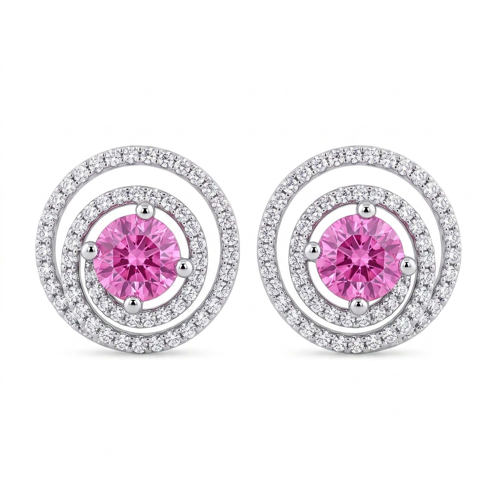 14k white gold 5mm round pink sapphire and one hundred eighteen round diamond swirl halo stud earrings, white background