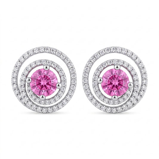 14k white gold 5mm round pink sapphire and one hundred eighteen round diamond swirl halo stud earrings, white background