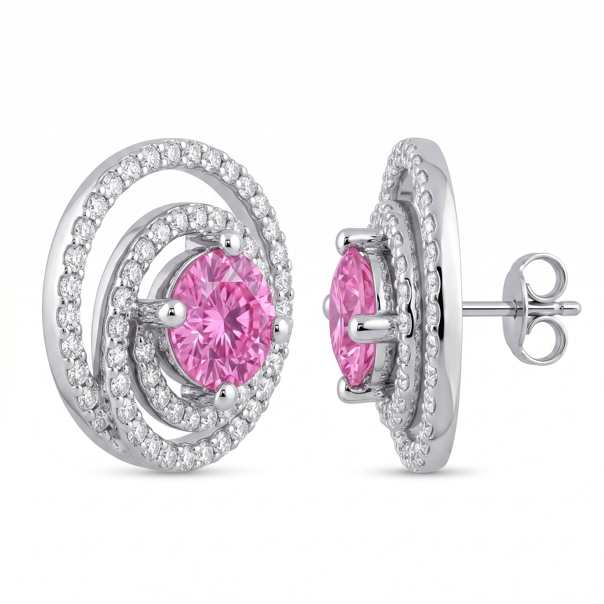14k white gold 5mm round pink sapphire and one hundred eighteen round diamond swirl halo stud earrings, angled view, white background